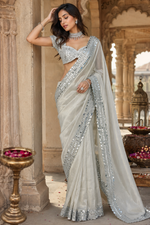 Load image into Gallery viewer, Satin Silk Embroidery Mirror Work Saree With Unstitched Blouse(Grey)
