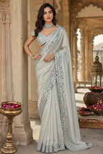 Load image into Gallery viewer, Satin Silk Embroidery Mirror Work Saree With Unstitched Blouse(Grey)
