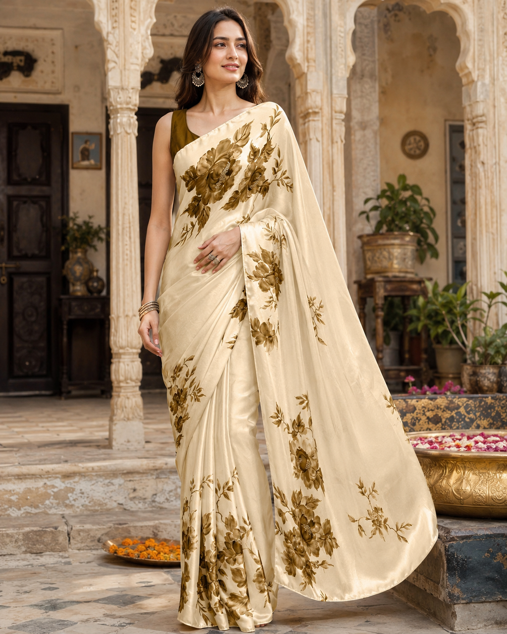 Premium Satin Silk Printed Saree With Unstitched Blouse(Mehendi)