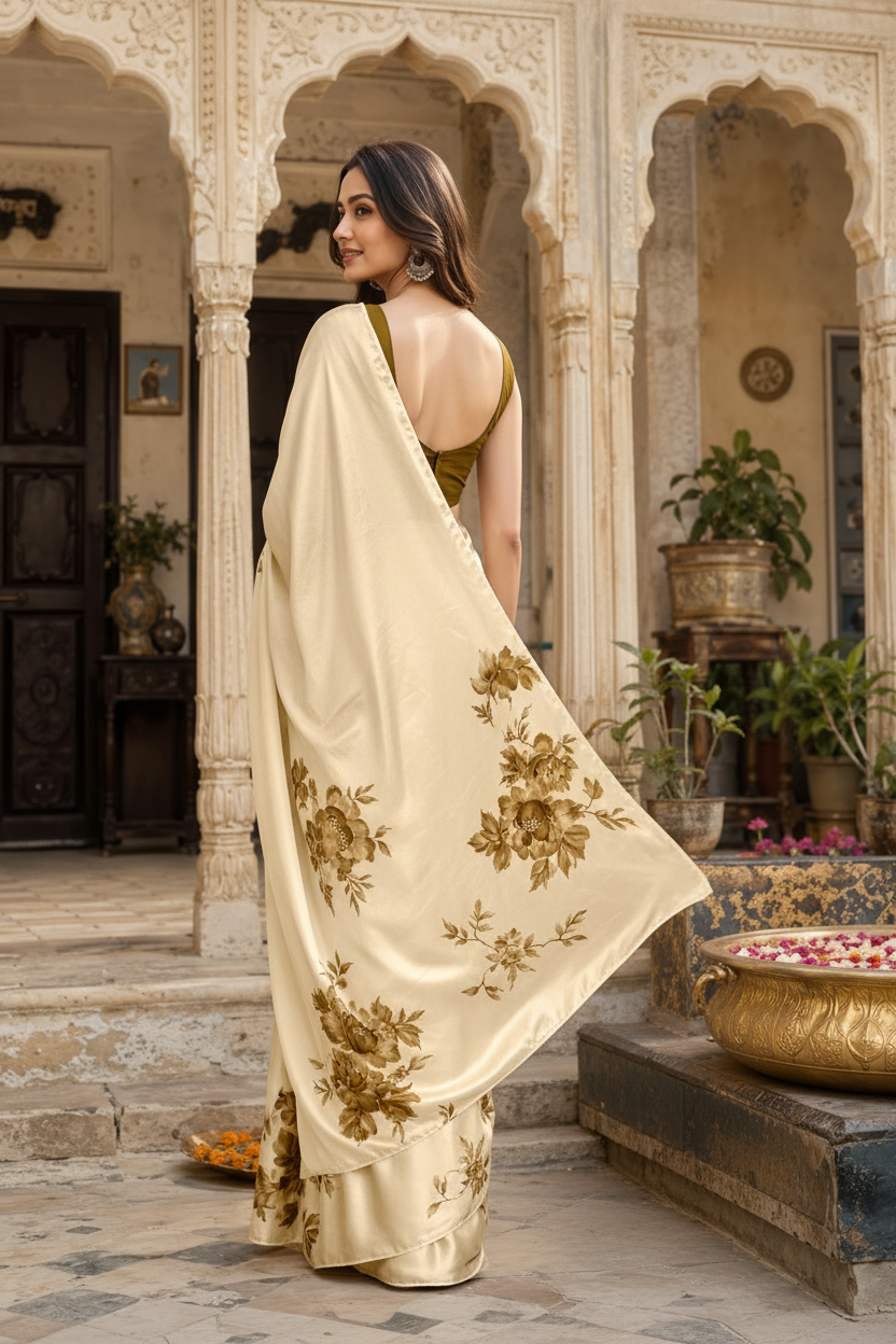 Premium Satin Silk Printed Saree With Unstitched Blouse(Mehendi)