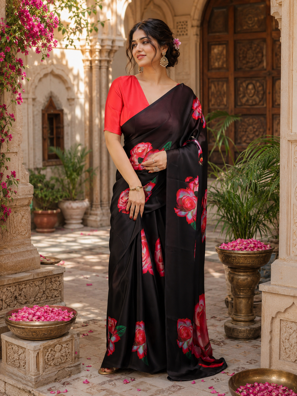 Satin Silk Printed Saree With Unstitched Blouse(Red)