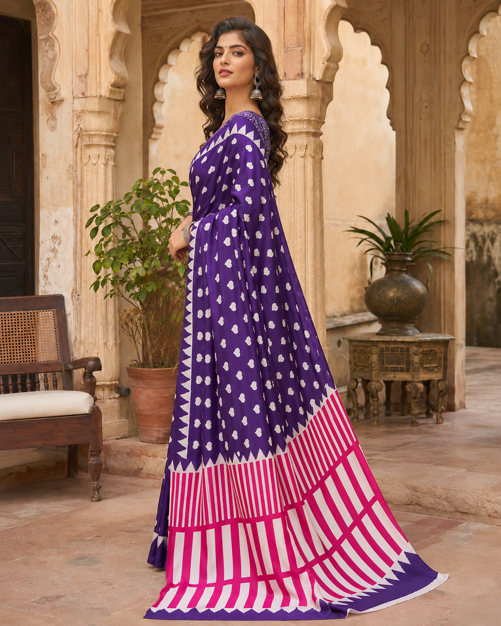 Satin Silk Ajrakh Print Saree With Unstitched Blouse(Violet)