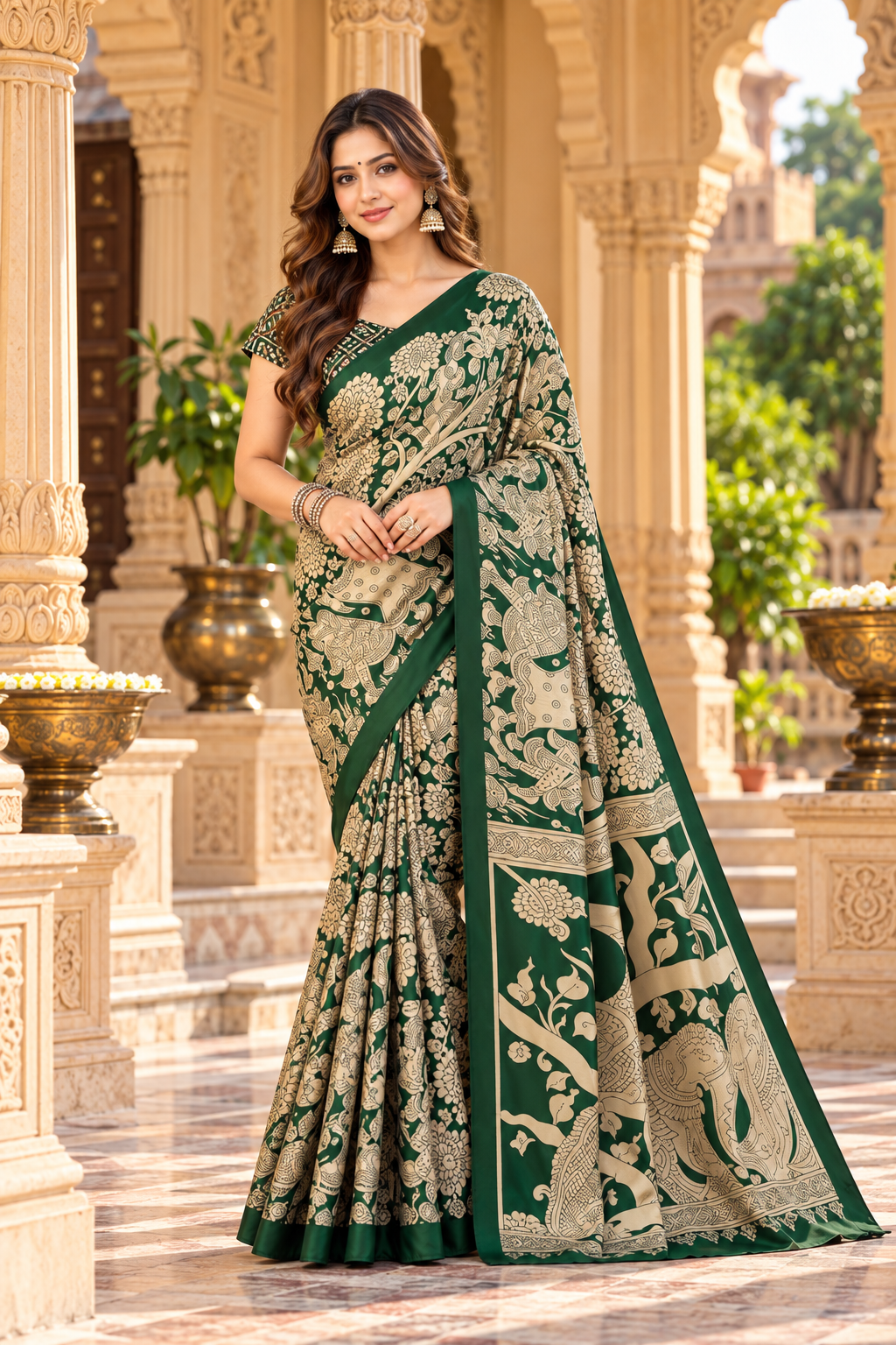 Premium Tussar Silk kalamkari Print Saree With Unstitched Blouse(Green)