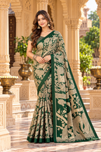Premium Tussar Silk kalamkari Print Saree With Unstitched Blouse(Green)