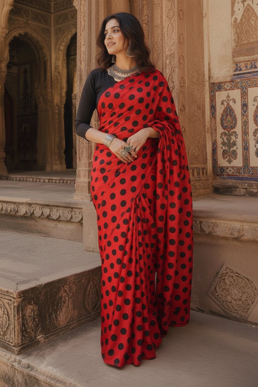 Satin silk printed saree with unstitched blouse(red)