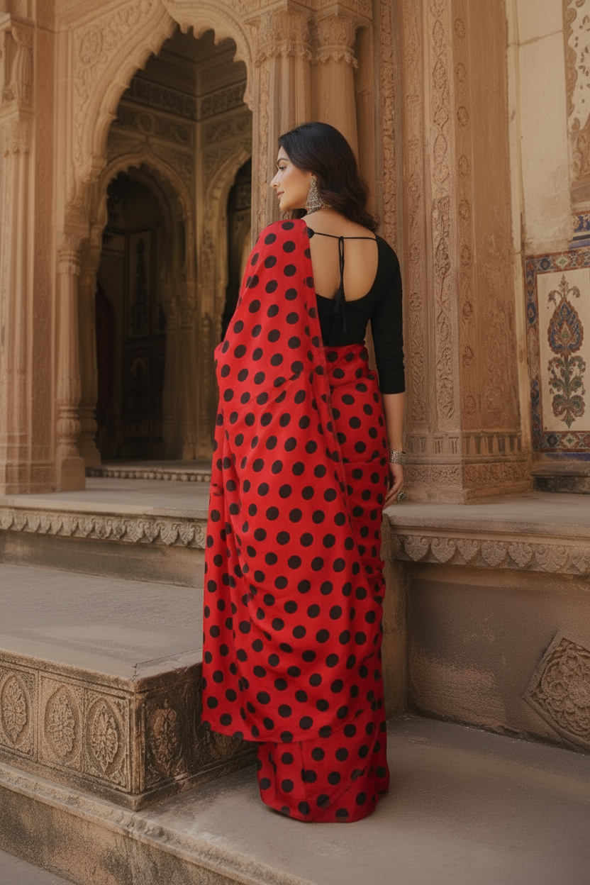 Satin Silk Printed Saree With Unstitched Blouse(Red)