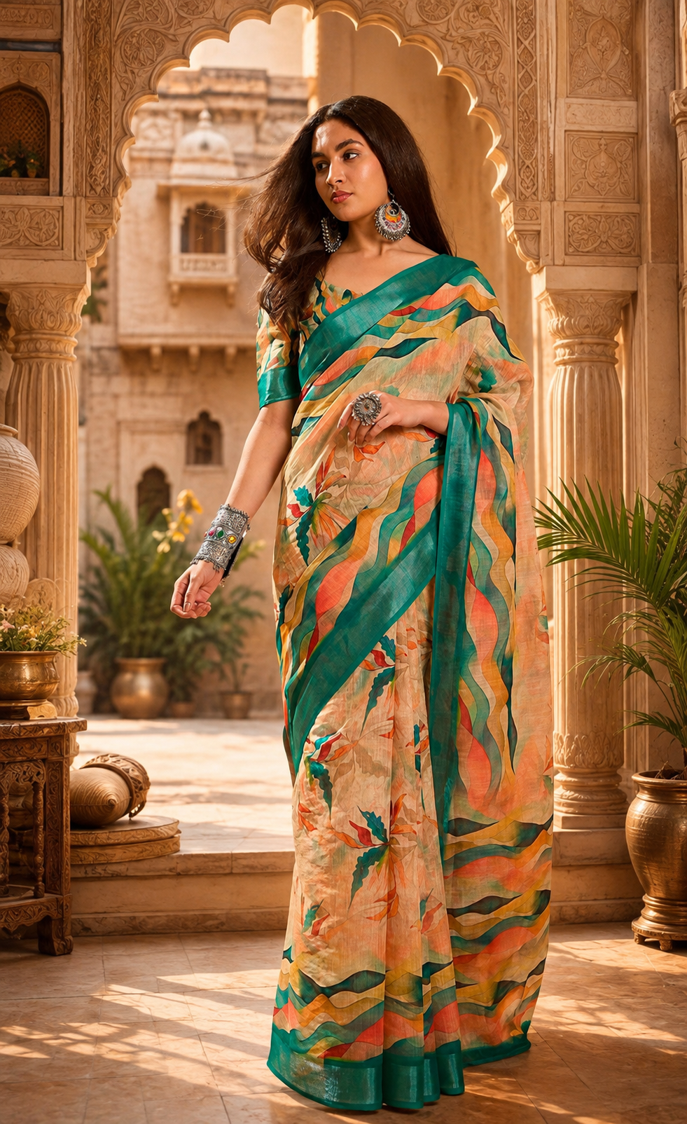 Linen Floral-Printed Saree With Unstitched Blouse (Mustard)