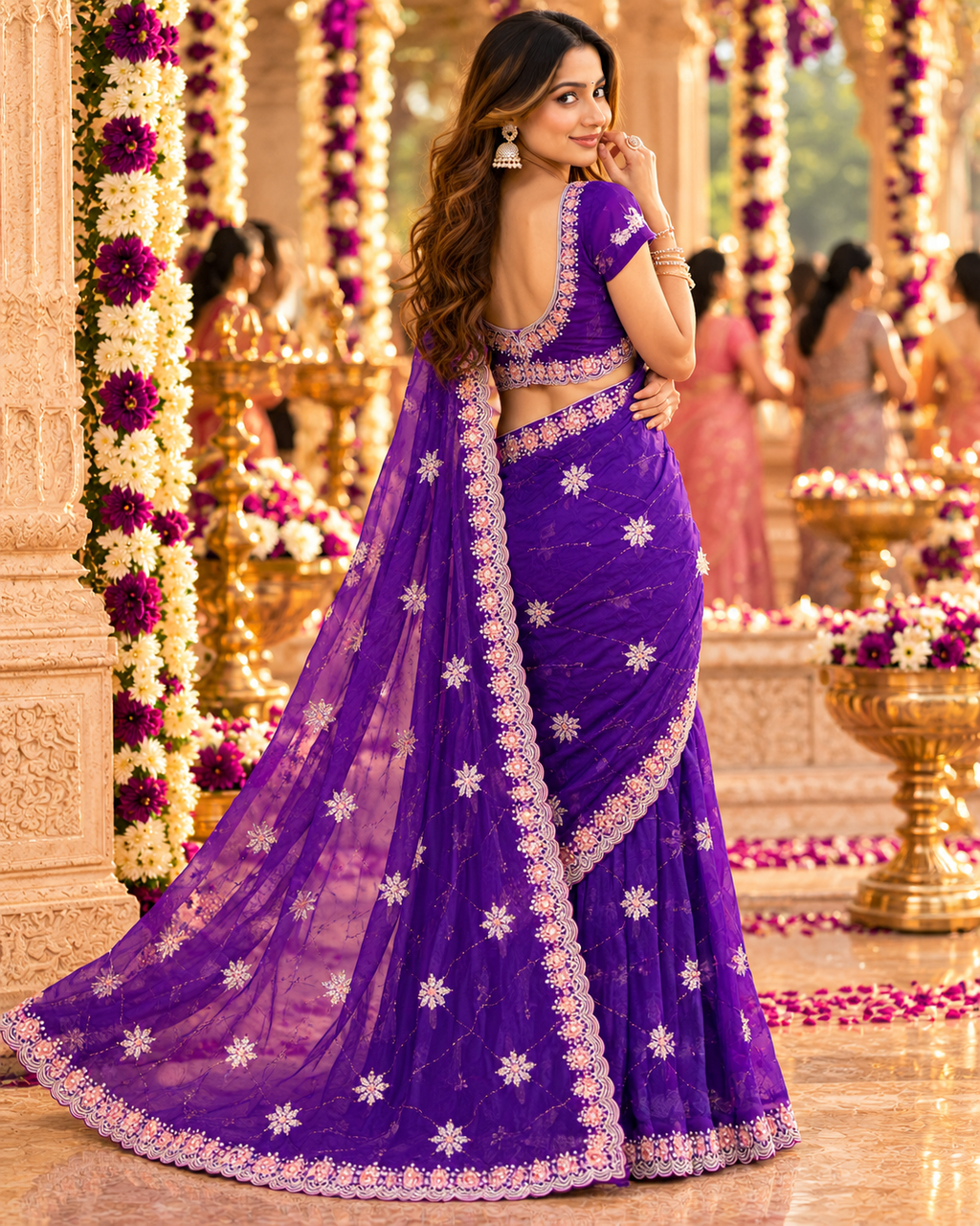 Pure Space Silk Embroidery Work Saree With Unstitched Blouse(Purple)