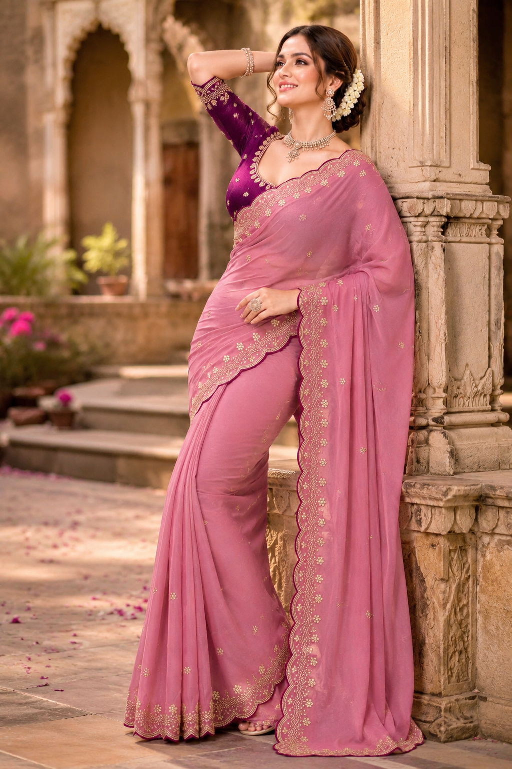 Georgette Border Embroidery Work Designer Saree With Unstitched Blouse(Pink)