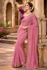 Load image into Gallery viewer, Georgette Border Embroidery Work Designer Saree With Unstitched Blouse(Pink)
