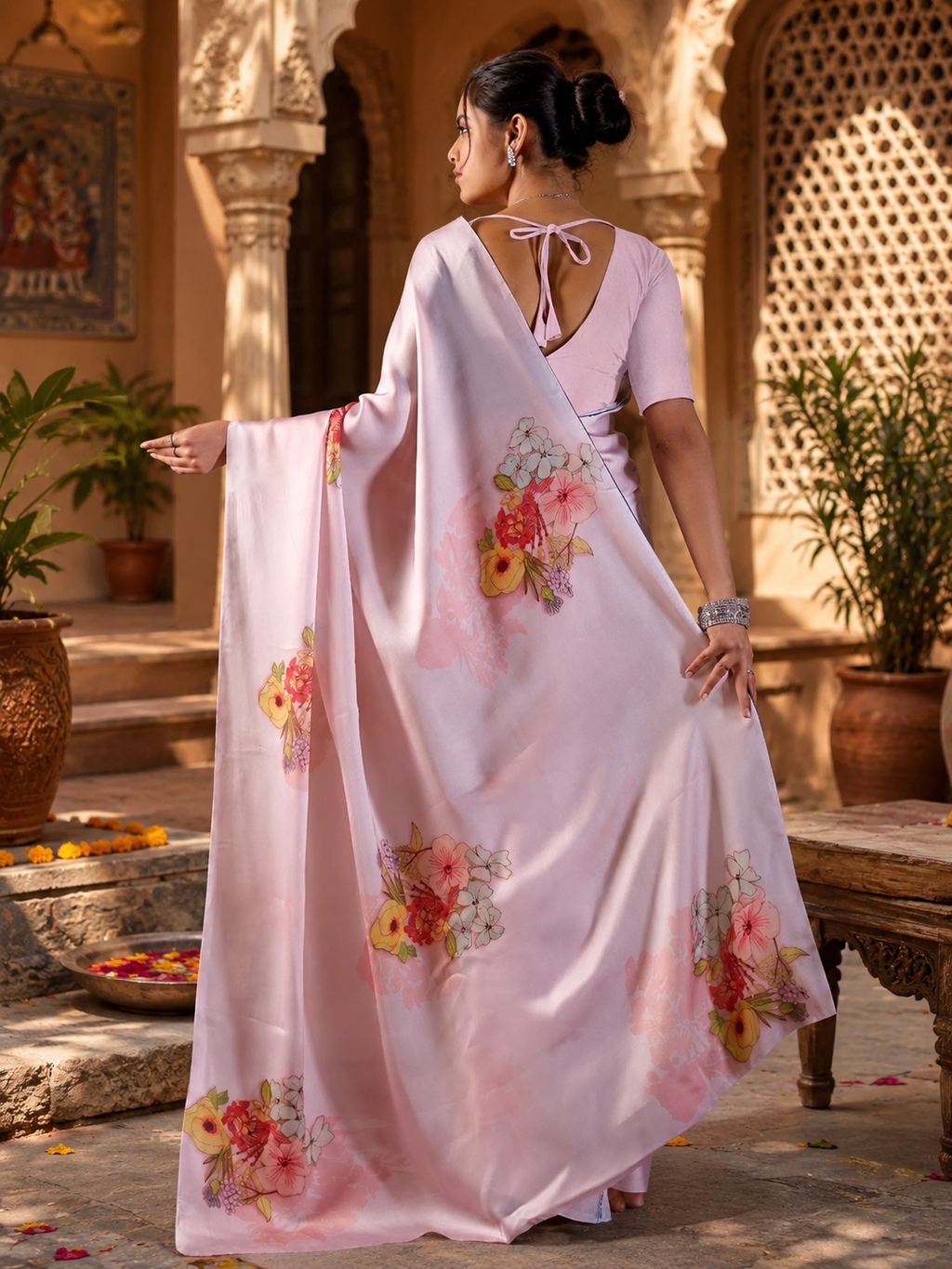 Satin Georgette Floral Printed Saree With Unstitched blouse(Violet)