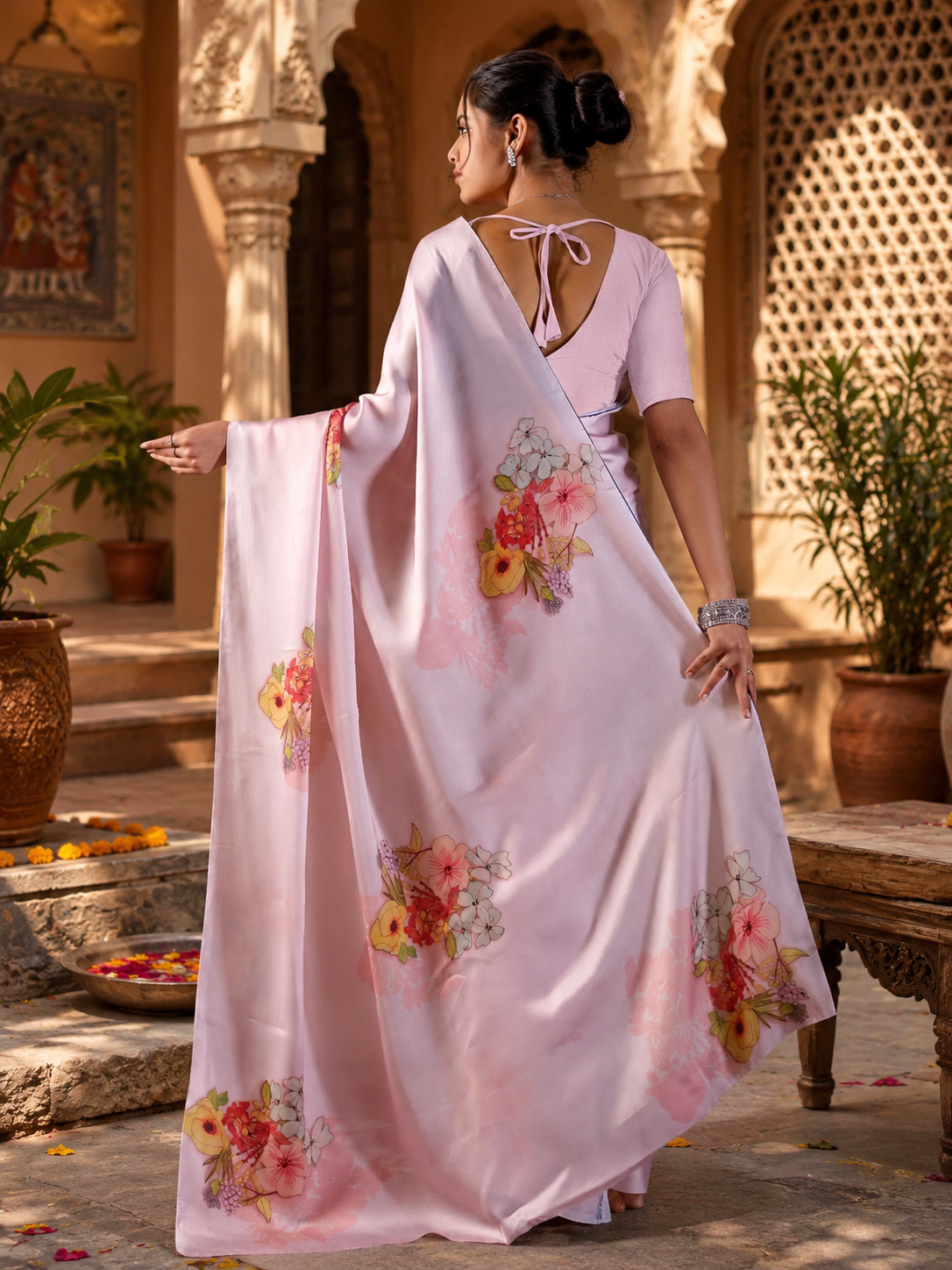 Satin Georgette Floral Printed Saree With Unstitched blouse(Violet)
