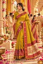 Premium Tissue Silk Saree With Unstitched Blouse(Mehendi)