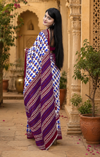Mulmul Cotton Bagru Block Printed Saree With Unstitched Blouse(Blue)