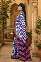 Mulmul Cotton Bagru Block Printed Saree With Unstitched Blouse(Blue)