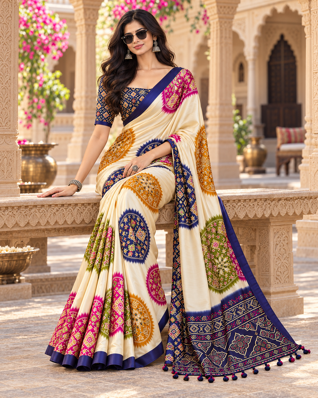 Pure Satin Silk Ajrakh Print Saree With Unstitched Blouse(White)