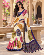 Pure Satin Silk Ajrakh Print Saree With Unstitched Blouse(White)