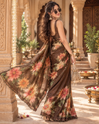 Soft Silk Digital Print Saree With Unstitched Blouse(Brown)