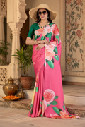Satin Georgette Printed Printed Saree With Unstitched Blouse(Pink)