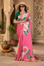 Satin Georgette Printed Printed Saree With Unstitched Blouse(Pink)