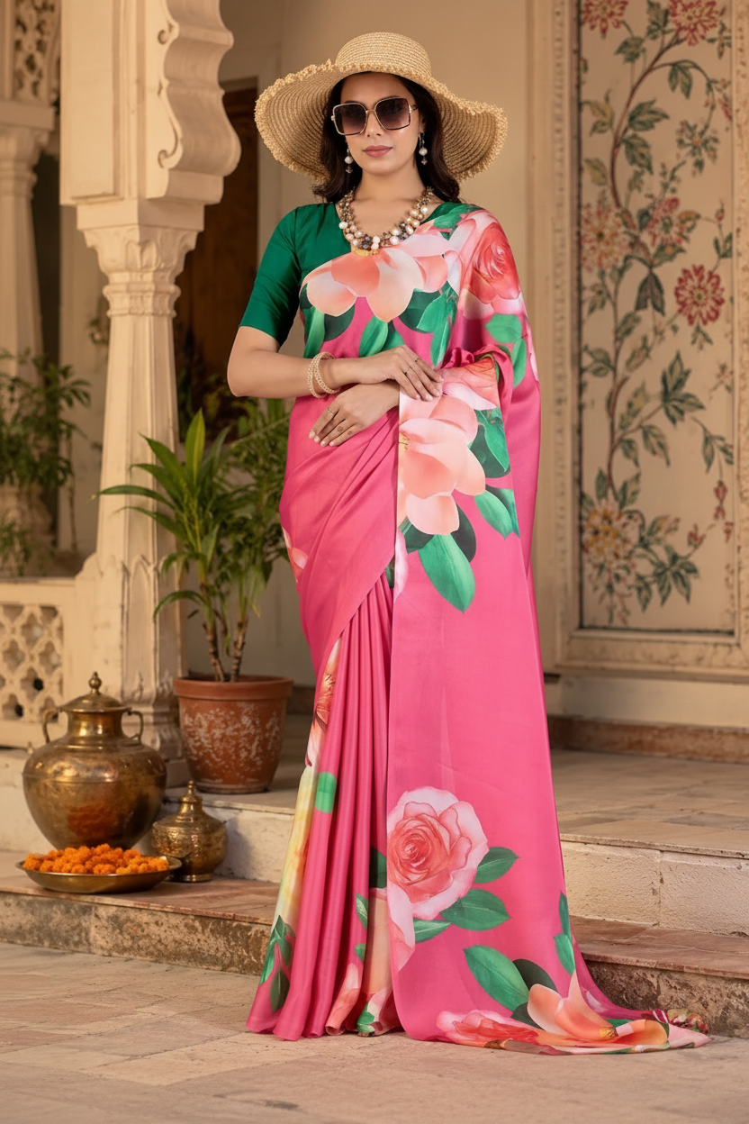 Satin Georgette Printed Printed Saree With Unstitched Blouse(Pink)