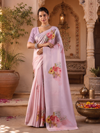 Satin Georgette Floral Printed Saree With Unstitched blouse(Violet)