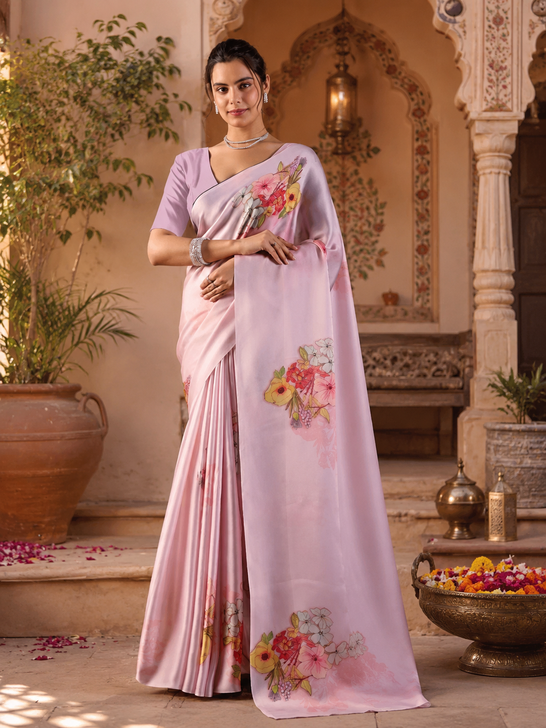 Satin Georgette Floral Printed Saree With Unstitched blouse(Violet)