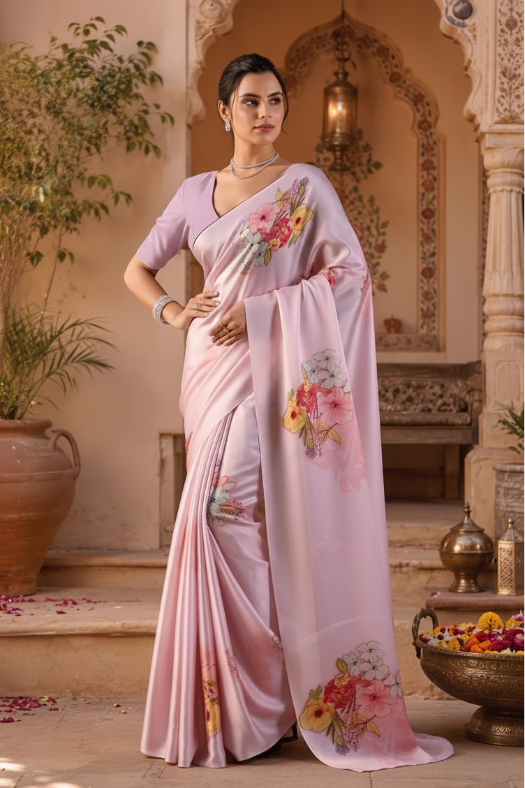 Satin Georgette Floral Printed Saree With Unstitched blouse(Violet)