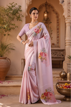 Satin Georgette Floral Printed Saree With Unstitched blouse(Violet)