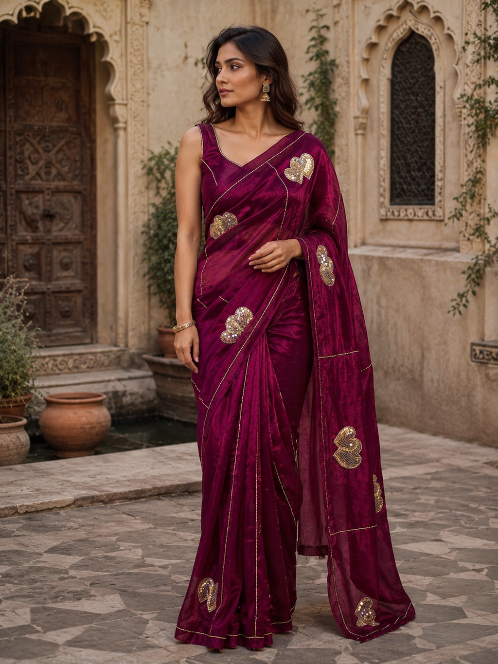 Space Silk Sequins Work Saree With Unstitched Blouse(Wine)