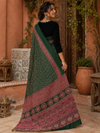 Premium Satin Silk Ajrarakh Print Saree With Unstitched Blouse(Bottle Green)