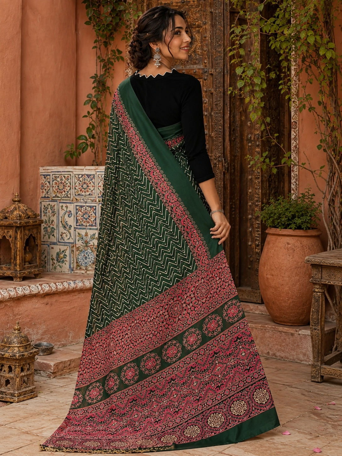 Premium Satin Silk Ajrarakh Print Saree With Unstitched Blouse(Bottle Green)