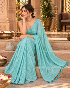 Pure Fancy Silk Sequin Work Saree With Unstitched Blouse(Teal)