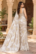 Satin Silk Printed Saree With Unstitched Blouse(White)