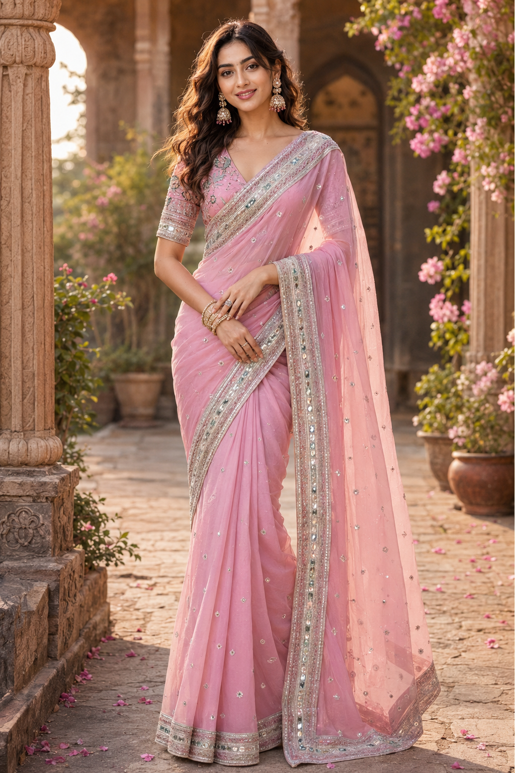 Organza Silk Embroidery Work Saree With Unstitched Blouse(Pink)