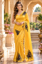 Satin Silk Printed Saree With Unstitched Blouse(Yellow)