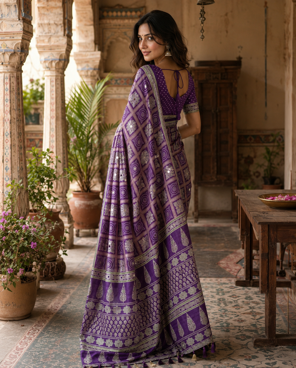 Satin Silk Ajrakh Printed Saree With Unstitched Blouse(Purple)
