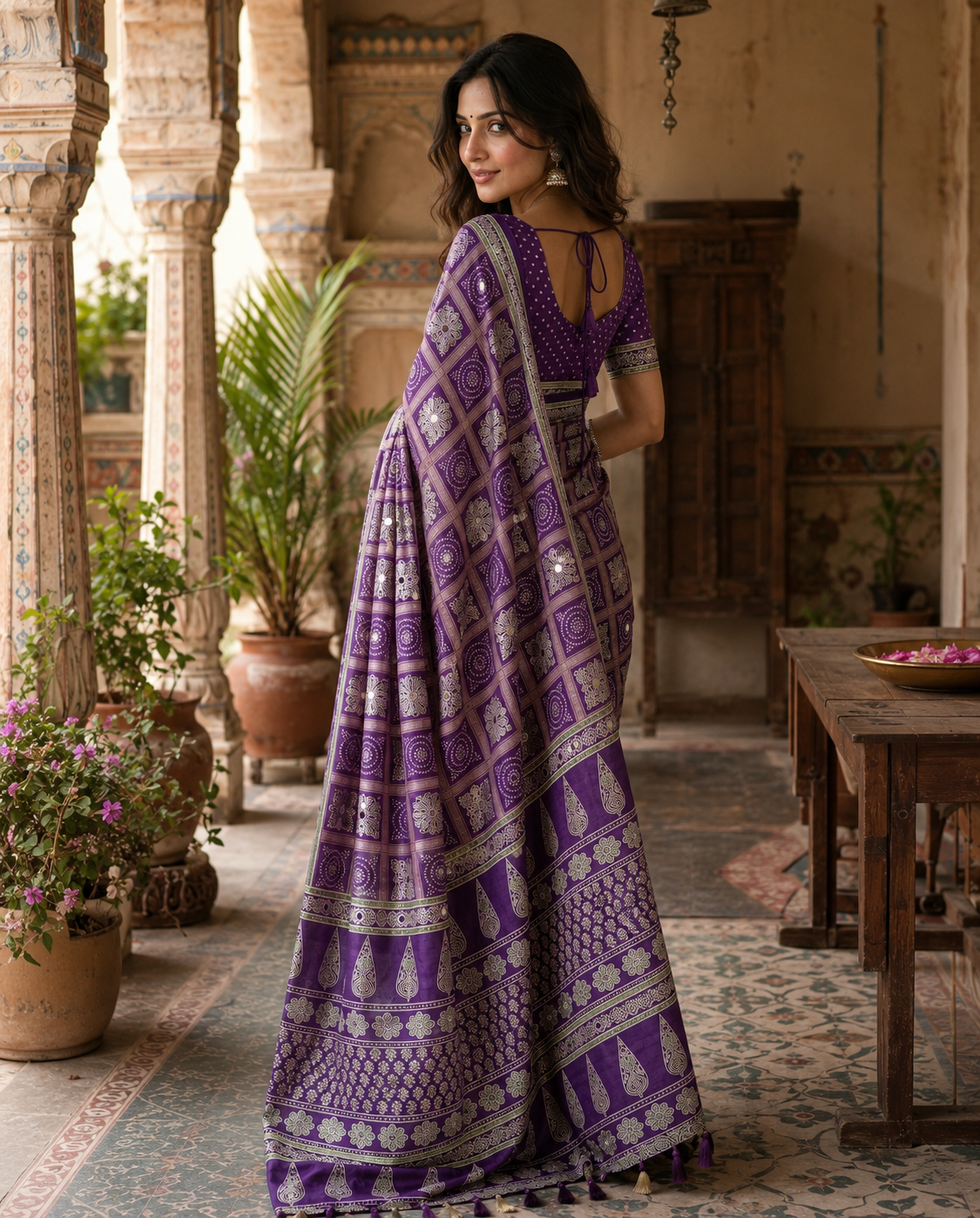 Satin Silk Ajrakh Printed Saree With Unstitched Blouse(Purple)