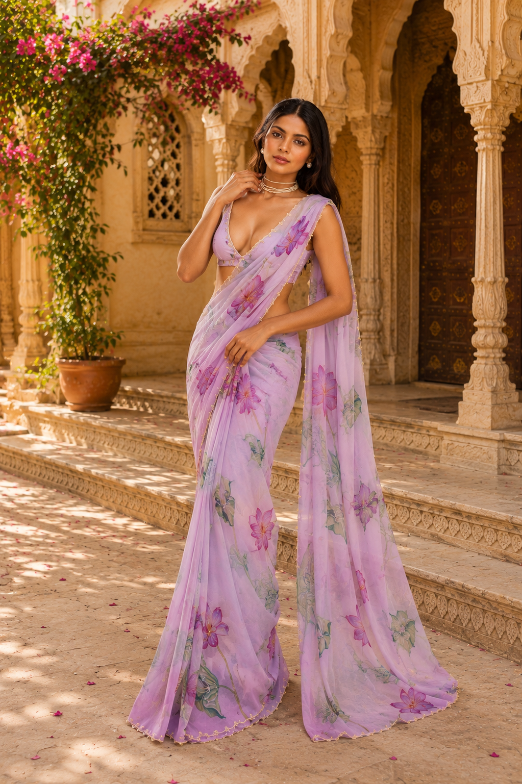 Organza Silk Ready To wear Printed Saree With Unstitched Blouse(Violet)