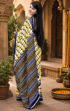Mulmul Cotton Bagru Block Printed Saree With Unstitched Blouse(Mustard)