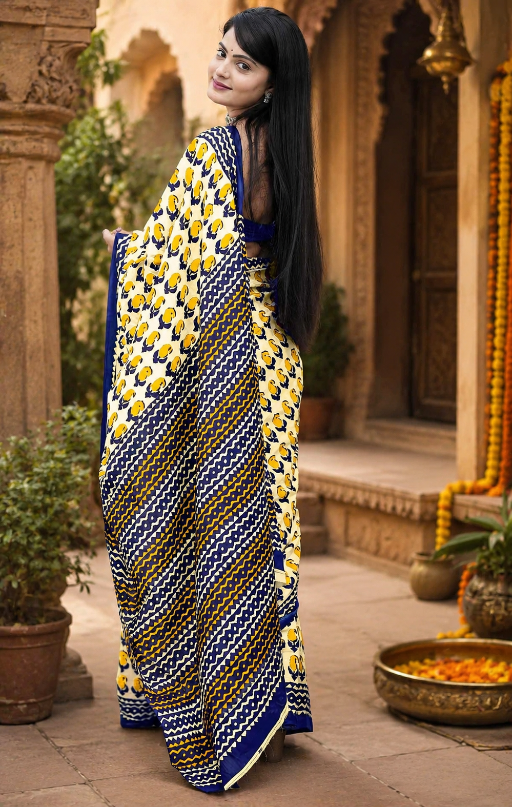 Mulmul Cotton Bagru Block Printed Saree With Unstitched Blouse(Mustard)