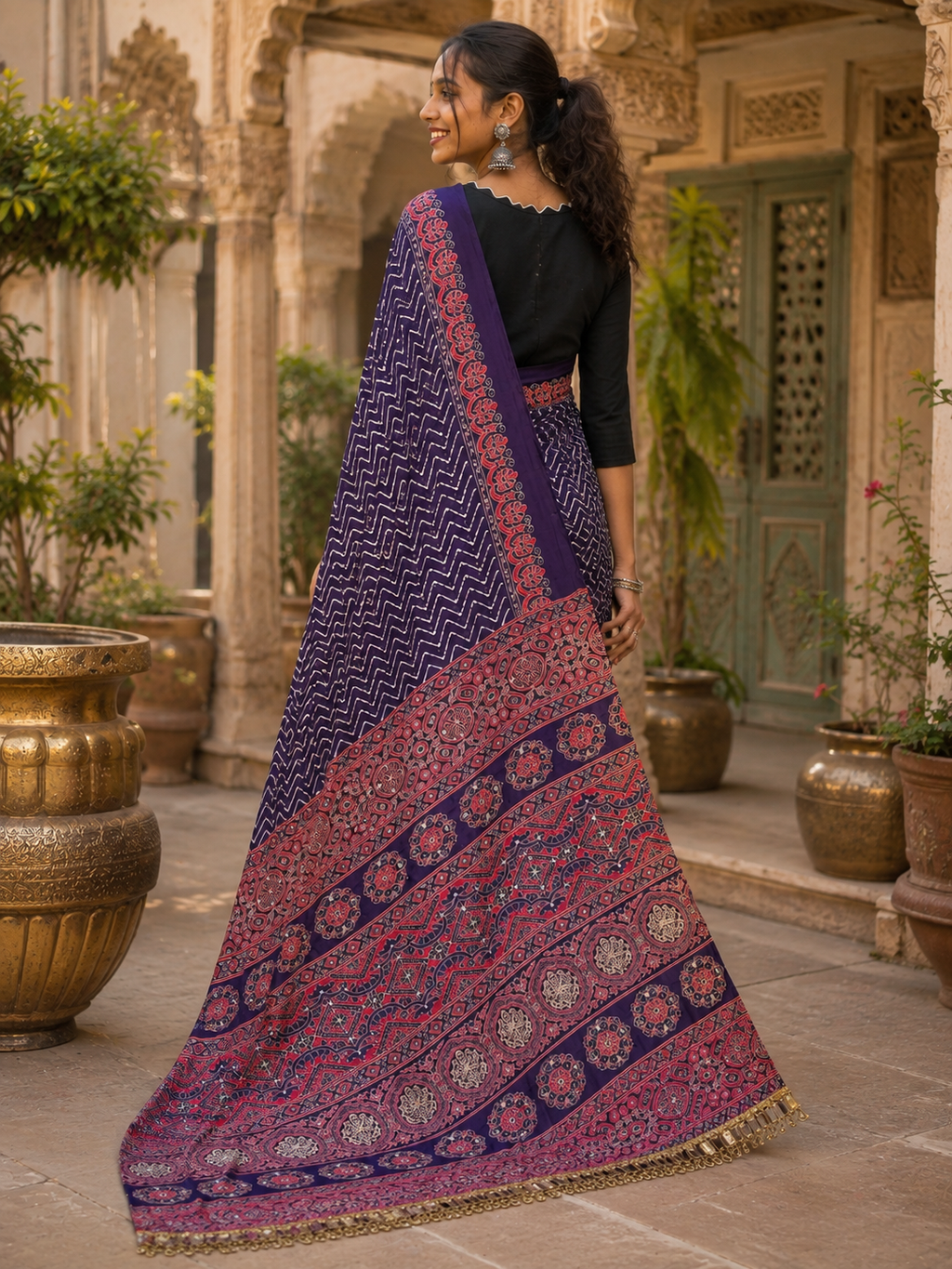 Premium Satin Silk Ajrarakh Print Saree With Unstitched Blouse(Purple)