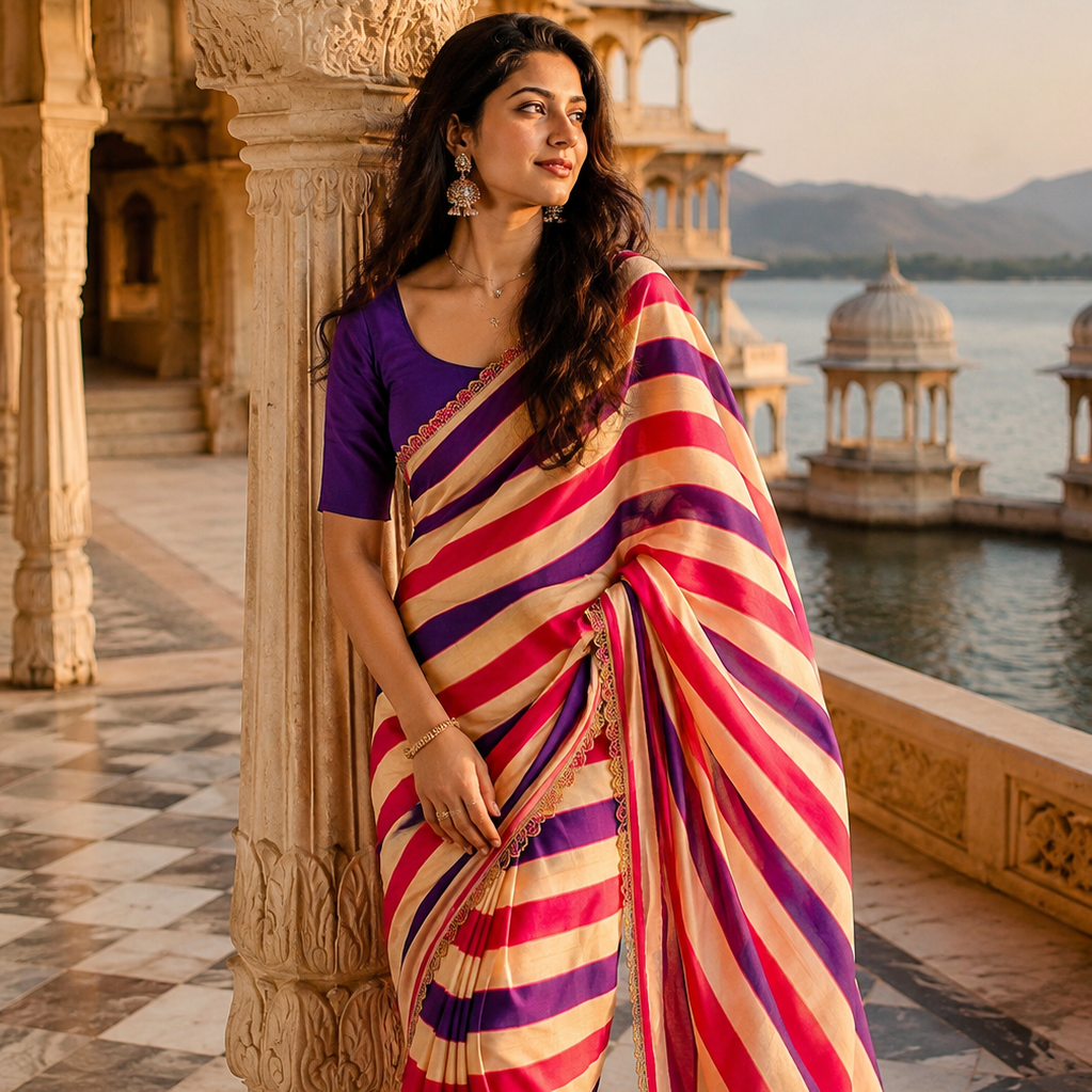 Soft Chinon Lehriye  Silk Saree With Unstitched Blouse(Purple)