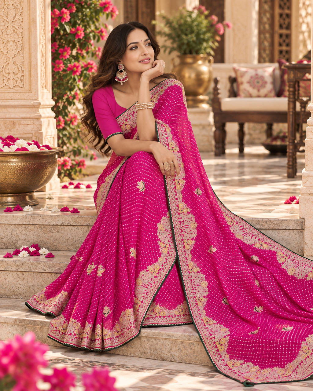 Pure Bandhani Bhej Print Gotta Patti Work Silk Saree With Unstitched Blouse(Dark Pink)