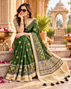 Handloom Silk Zari Border Work Saree With Unstitched Blouse(Green)