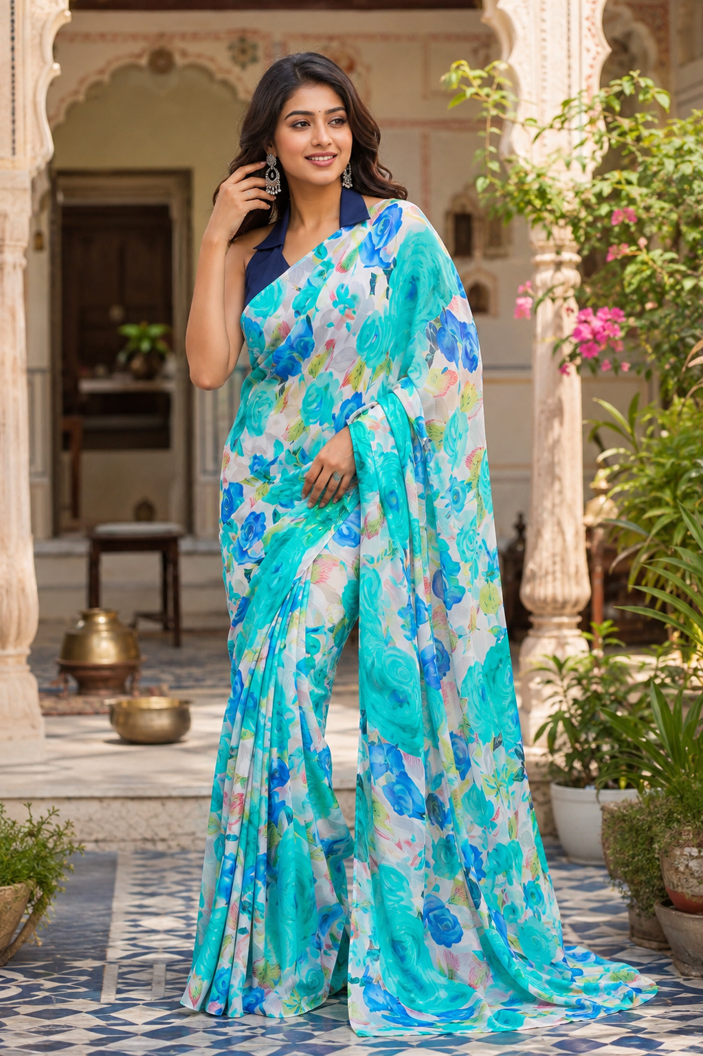 Satin Silk Floral Printed Saree With Unstitched Blouse(Blue)