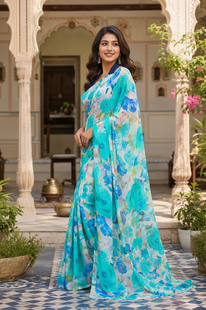 Satin Silk Floral Printed Saree With Unstitched Blouse(Blue)