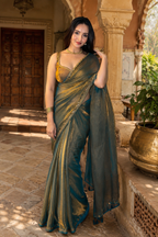 Twill Net Saree With Unstitched Blouse(Green)