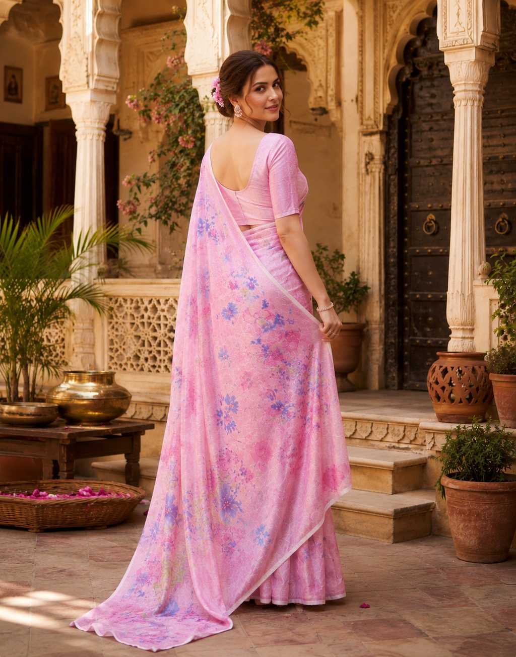 Satin Silk digital Print Saree With Unstitched Blouse(Pink)