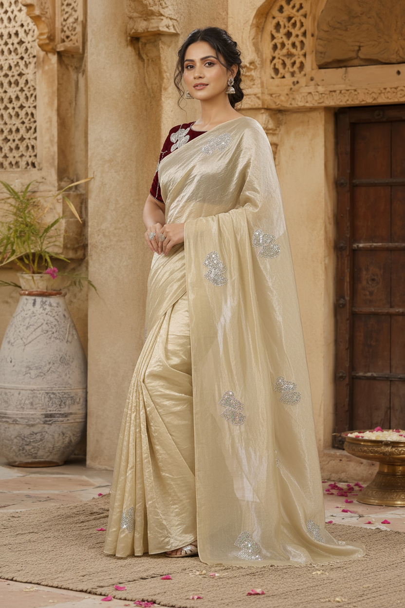Space Silk Sequins Work Saree With Unstitched Blouse(off white)